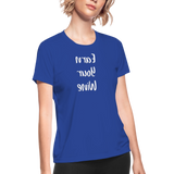 Women's Moisture Wicking Performance T-Shirt (Earn Your Tacos, white text) - royal blue