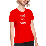 Women's Moisture Wicking Performance T-Shirt (Earn Your Tacos, white text) - red