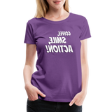 Tee For Me Women's Premium T-Shirt (Coffee, Smile, Action!, white text) - purple