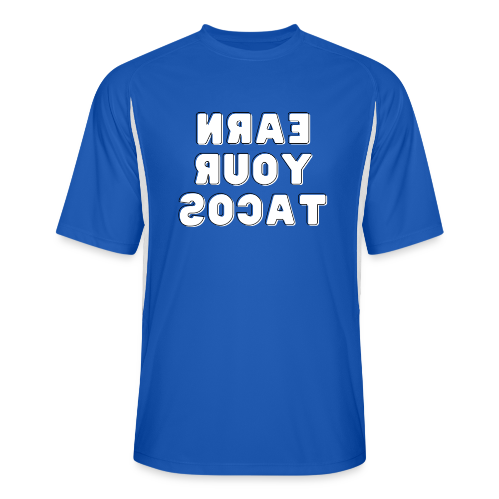 Tee For Me Men’s Cooling Performance Jersey (Earn Your Tacos, white text) - royal/white